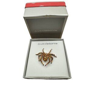 Liz Claiborne Spider Brooch With Amber Rhinestones & Silver Accents In Original